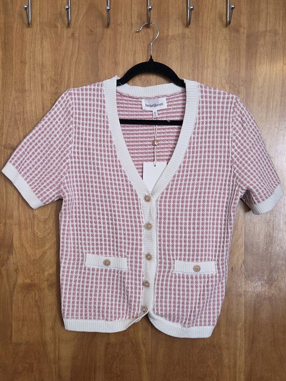 Heartloom Pink & White Short-Sleeve Textured Knit Cardigan